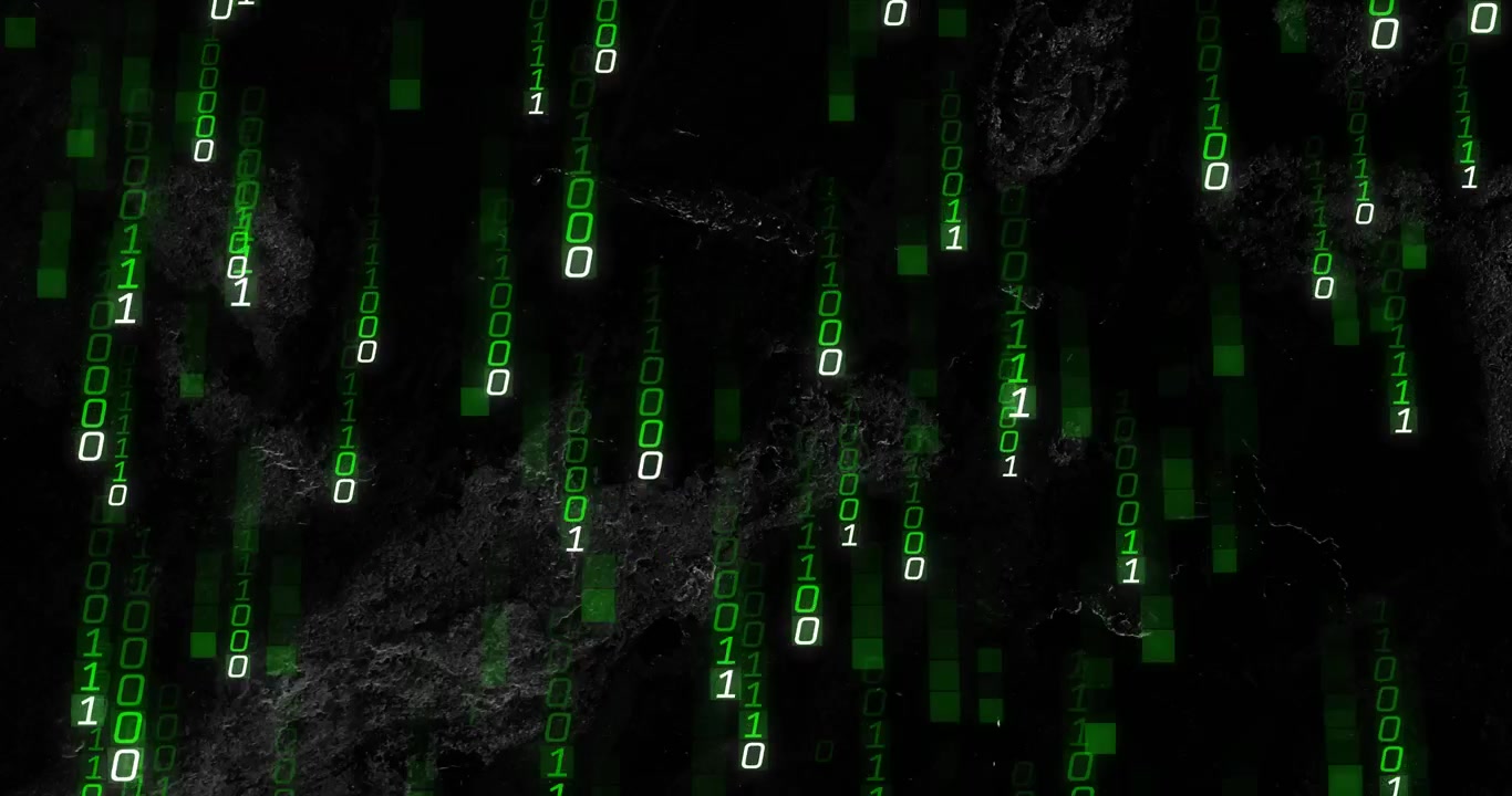 Top digits sparking streams, green binary rain falling, showing data flow over dark backdrop
