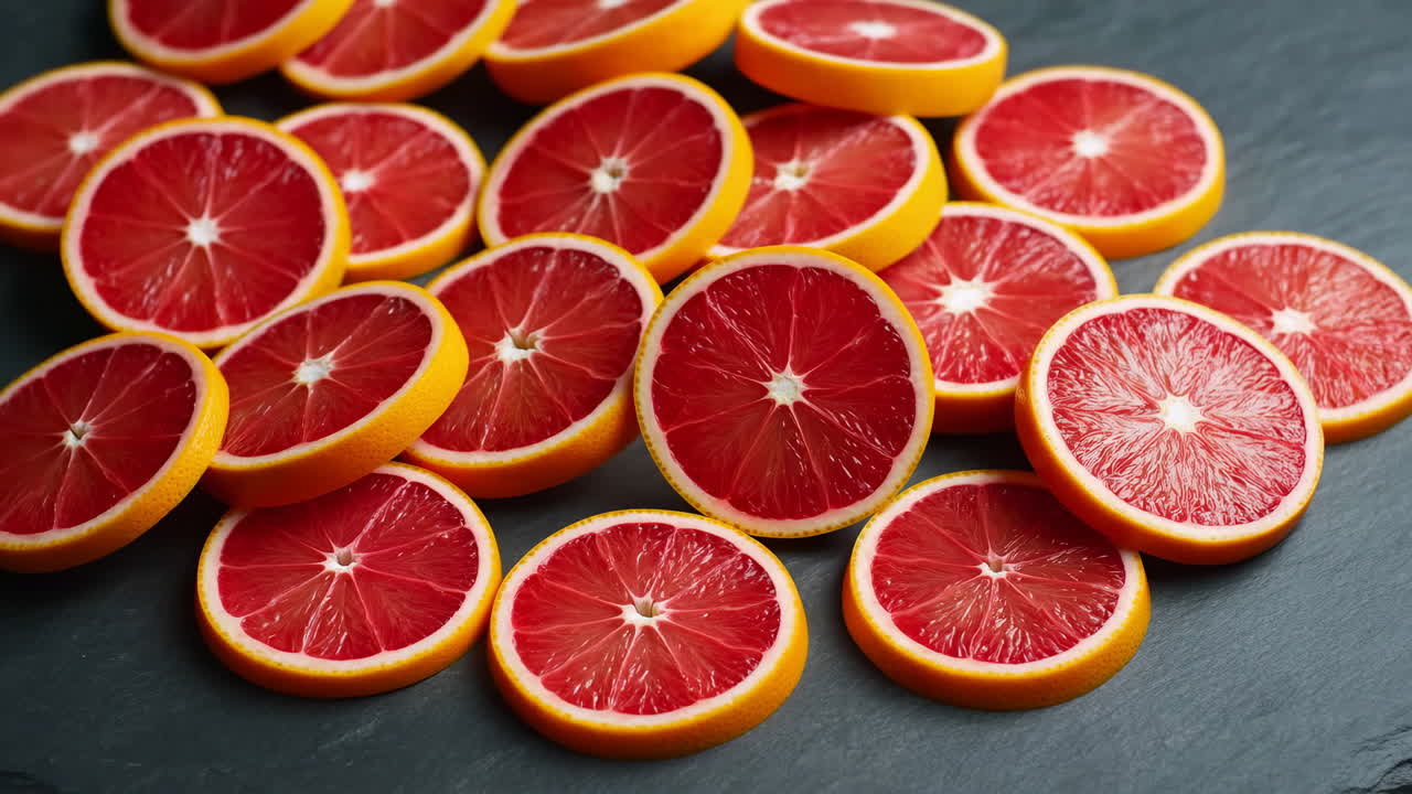 Fette di pompelmo rosso vivace disposte su uno sfondo scuro