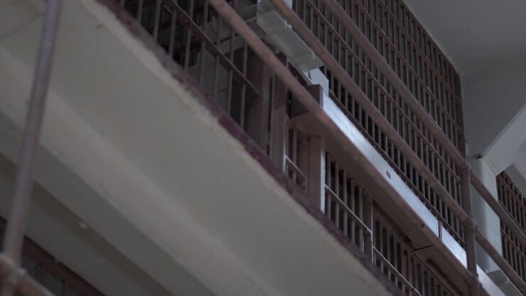 Prigione di Alcatraz: Dettagli di recinzioni metalliche e celle di prigione ai livelli superiori, primo piano.