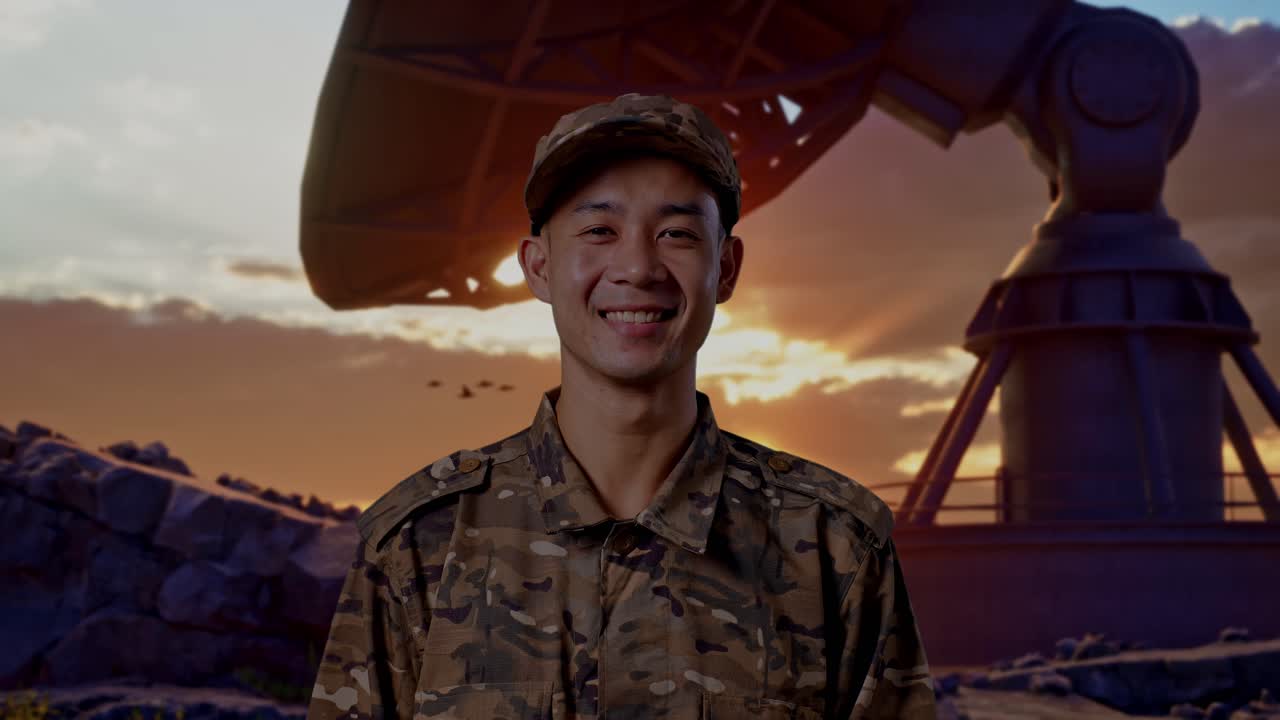 Close Up Of Asian Man Soldier Standing And Smiling To Camera With Satellite Dish