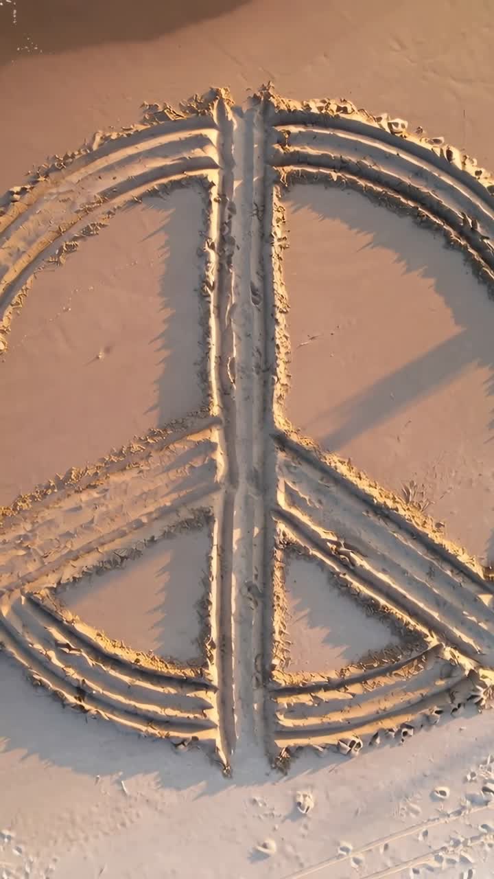 Peace Sign Drawn in Sand on Beach Washed Away by Ocean Waves
