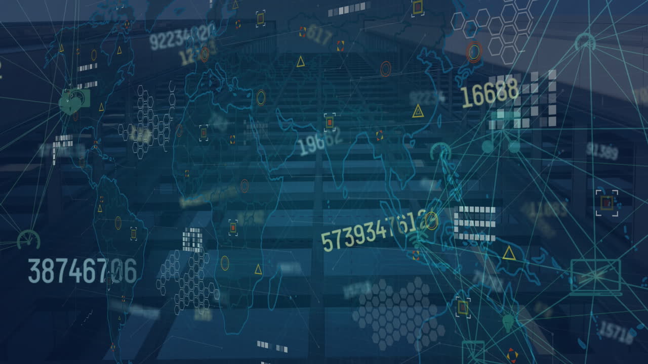 animación del procesamiento de datos financieros con conexiones y mapa del mundo sobre edificios modernos.