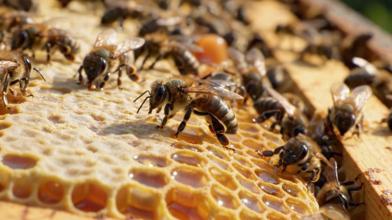 Un'esplorazione ravvicinata di api operose su un favo, che cattura il loro ruolo essenziale nell'impollinazione e nelle pratiche di apicoltura nel delicato ecosistema della natura.