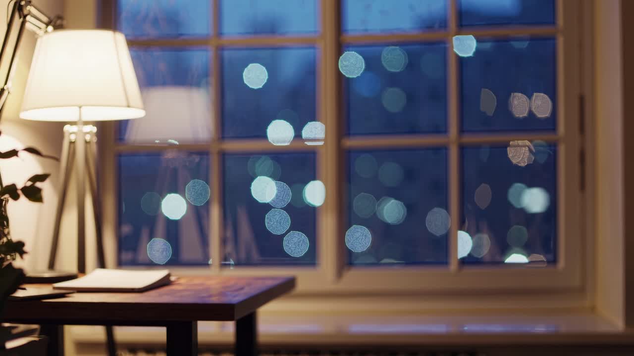 Cozy room with a wooden desk and lamp, shot at eye level. Blurred city lights through the window