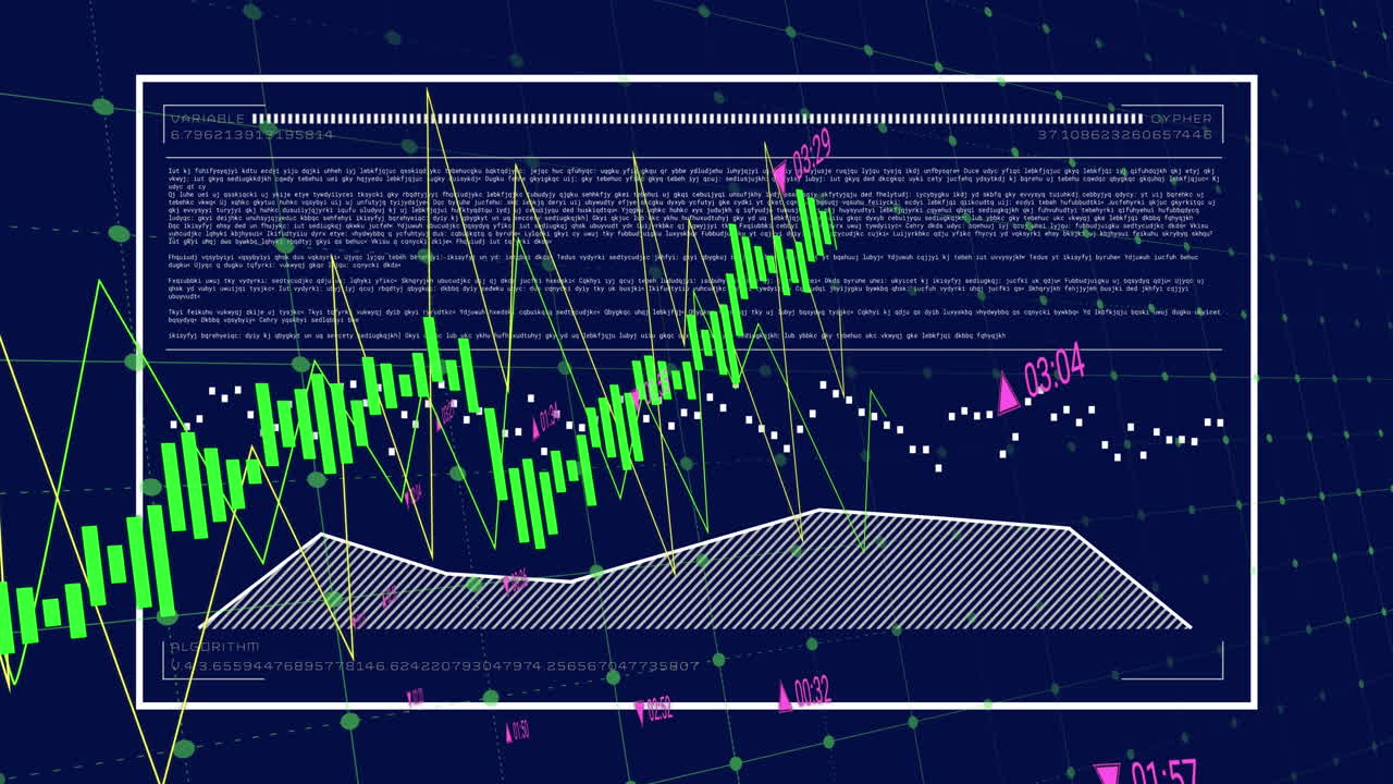 Animation of data, graphs with changing numbers and loading bar against blue background