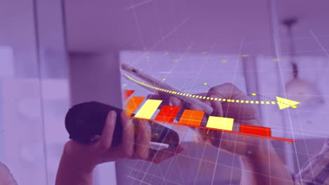 animation of graphs over hands of caucasian man using contactless payments