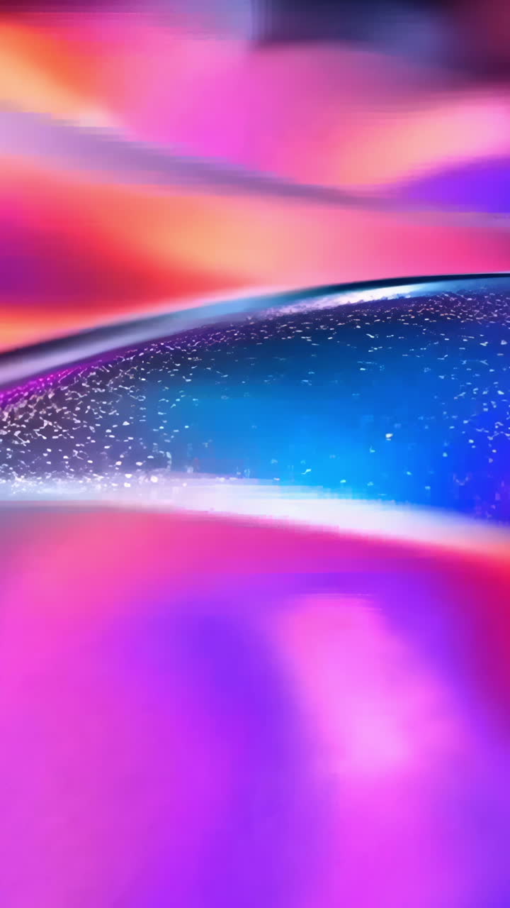 A colorful, abstract painting of a wave with a purple and orange hue. The painting is full of energy and movement, with the colors blending together to create a dynamic and vibrant scene