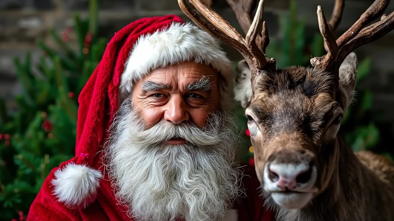 A man in a santa claus suit standing next to a reindeer