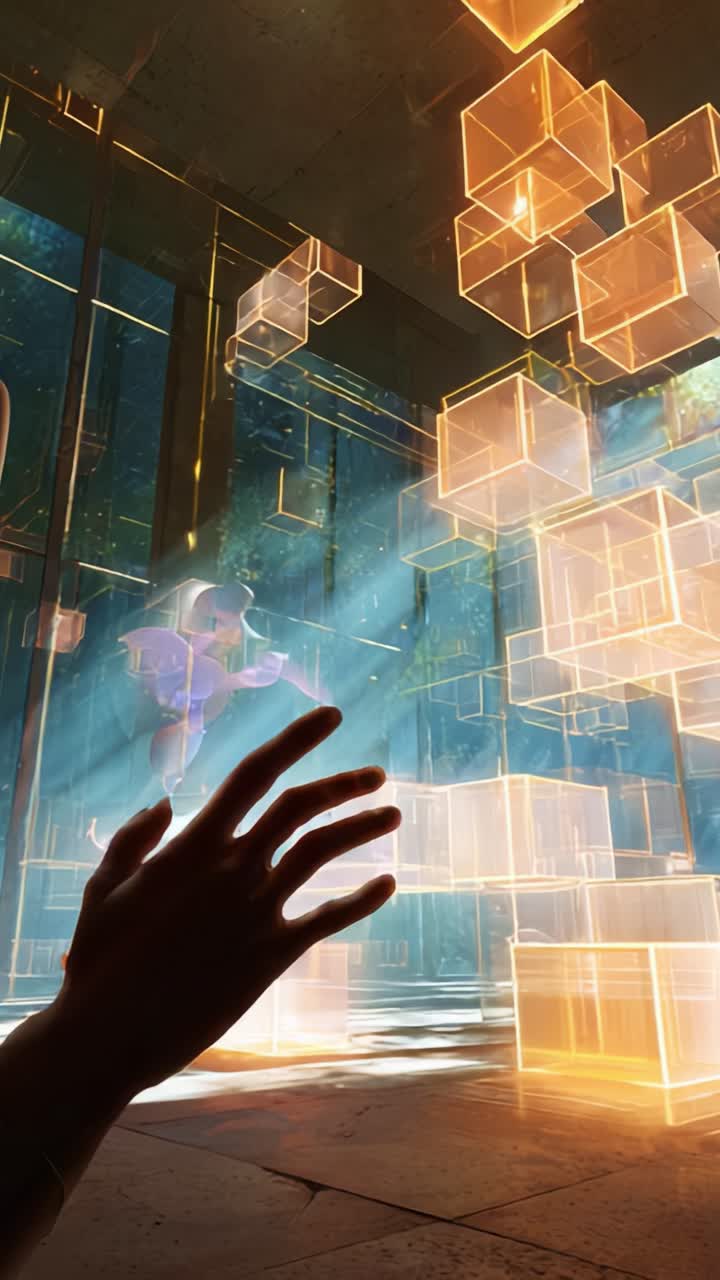 Un viaggio visivo tra luci e ombre: mano che si protende verso cubi trasparenti fluttuanti in un ambiente mistico con bagliore etereo ed elementi surreali