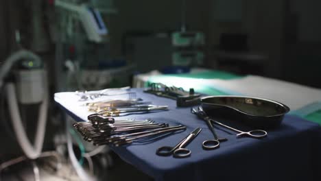 close up of empty operating room with bed and operating tools in slow motion