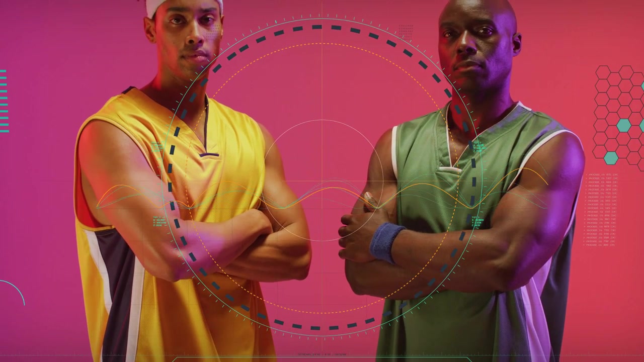 Two male athletes crossing arms camera pulling back activating HUD overlaying them for sports ad