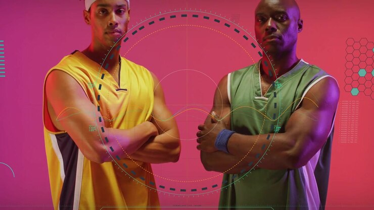 Dois atletas masculinos cruzando os braços, câmera recuando ativando HUD sobreposto a eles para anúncio esportivo