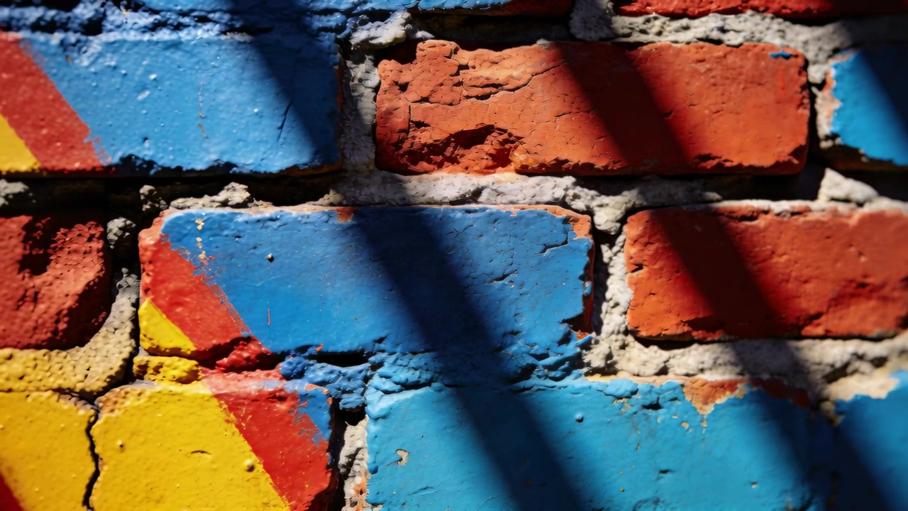 Shifting camera over alley brick wall, revealing blue and yellow paint under shadow bands