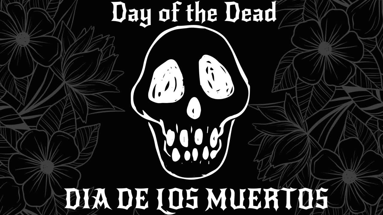 animação do dia dos mortos dia de los muertos sobre crânio em fundo preto