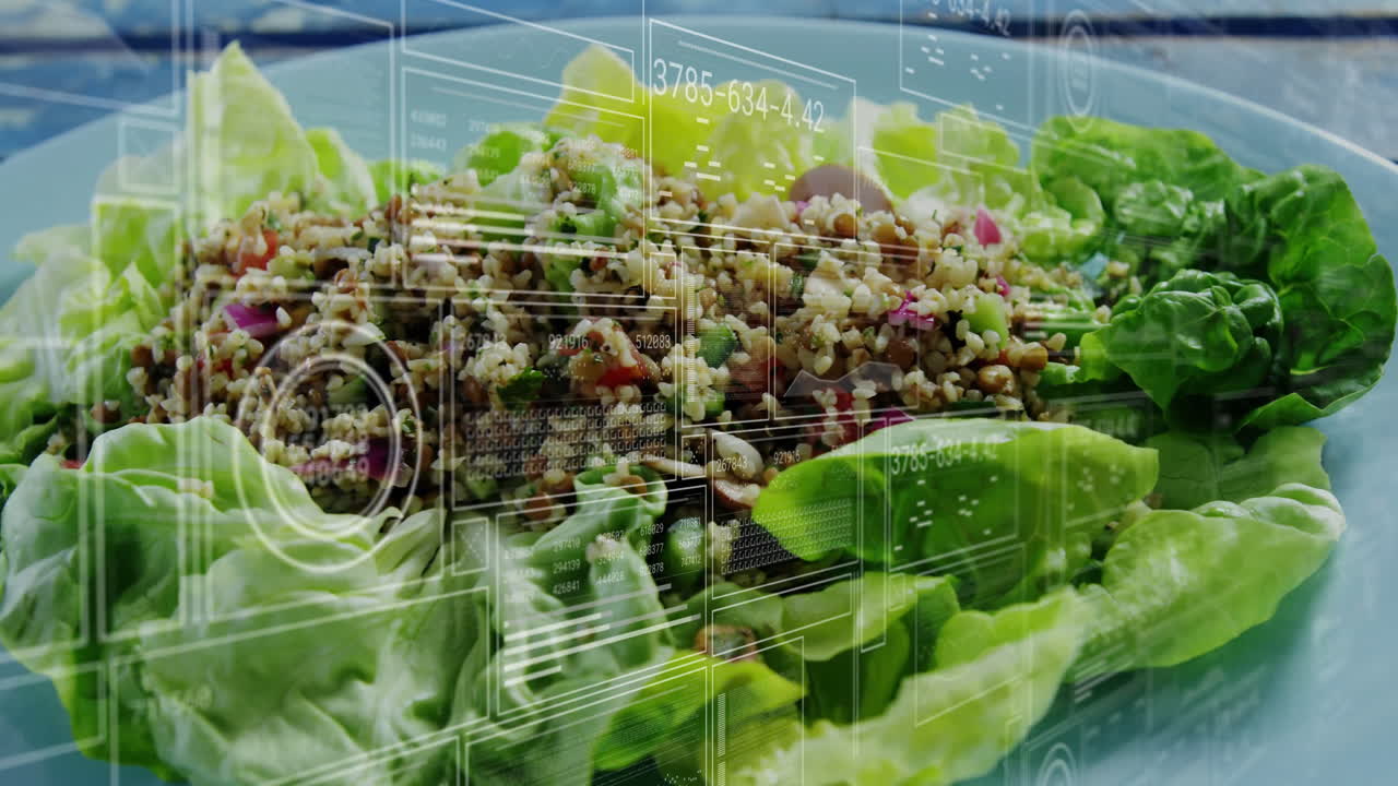 Processing digital data animation over quinoa salad preparation in kitchen