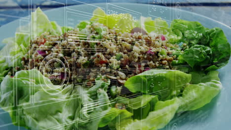 processing digital data animation over quinoa salad preparation in kitchen