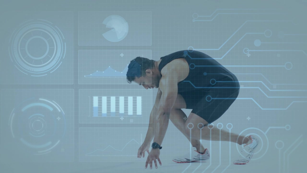 Male athlete stepping and lowering into crouch, preparing sprint, with fitness HUD overlaying scene