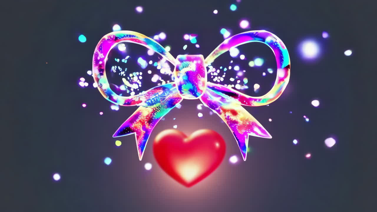 Vibrant Neon Bow and Heart with Sparkling Particles