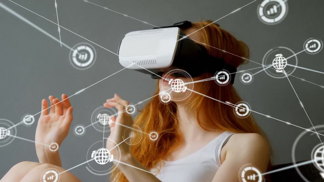 Animation of network of connections with icons over woman wearing vr headset