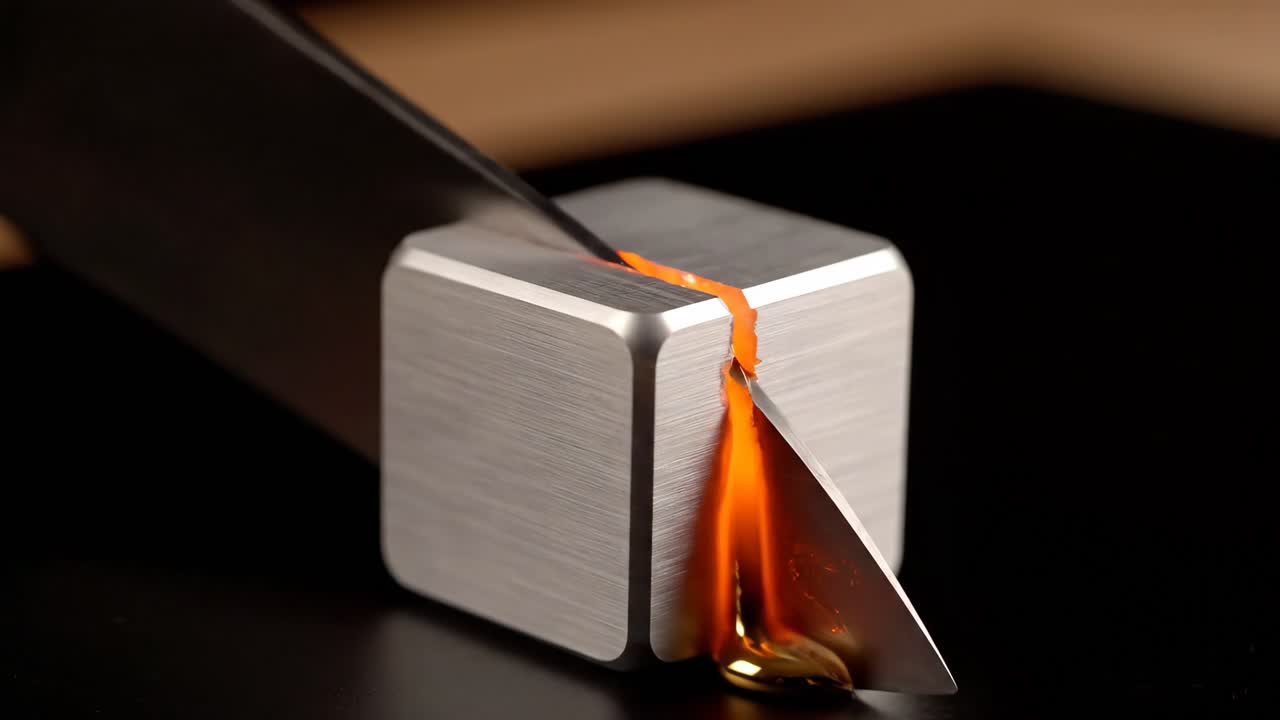 A knife cutting a silver cube