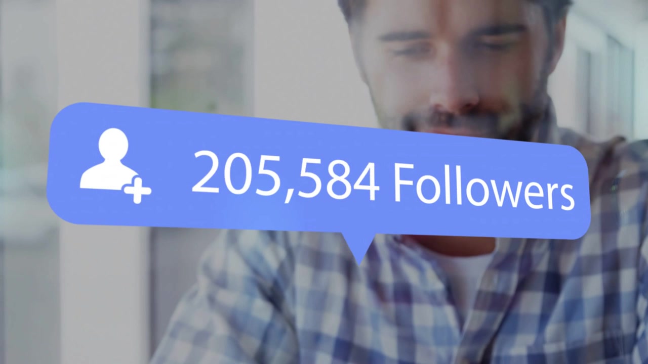 Marketer tapping tablet generating follower bubbles increasing and revealing face tracking growth