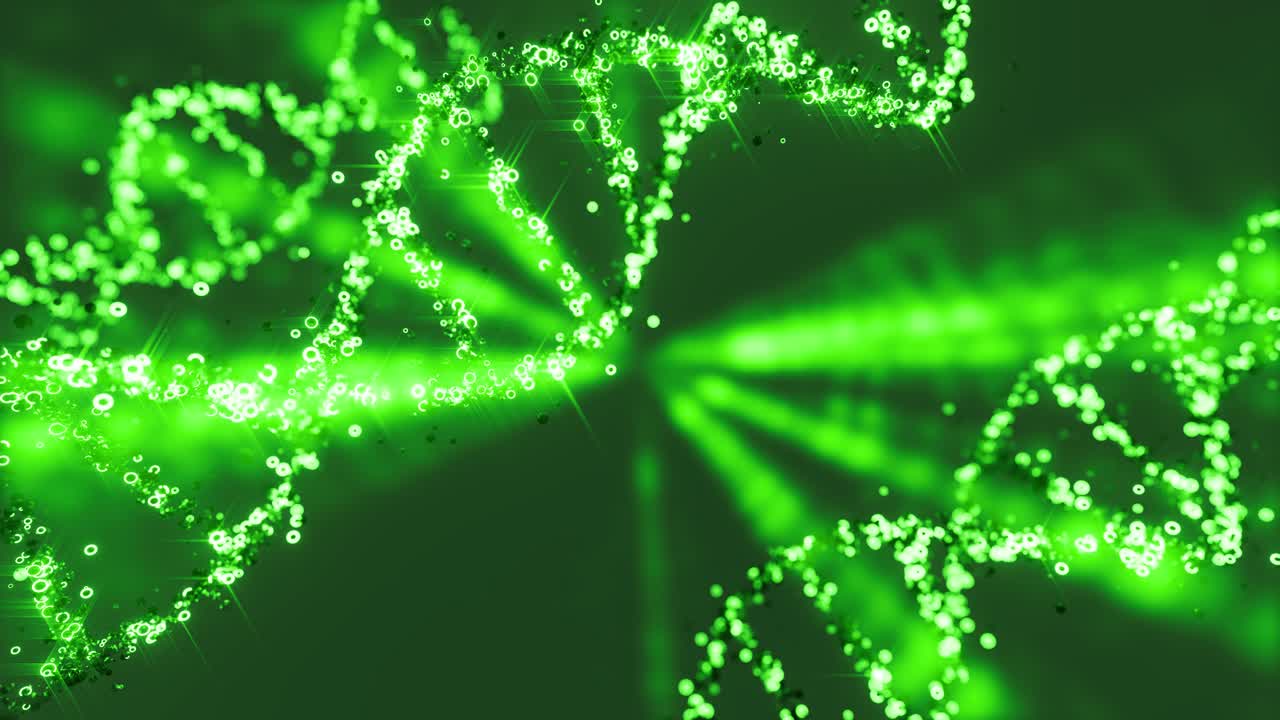 Neon glowing color DNA floating from gene against dark background, 3d animation zoom in