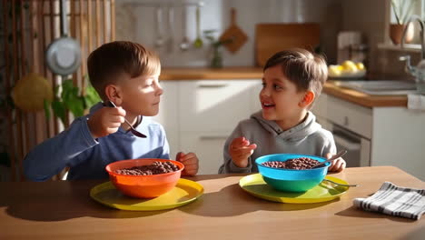 two young boys enjoying cereal for breakfast in the kitchen