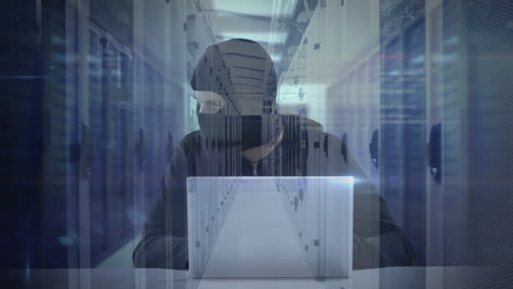 animación de un hombre encapuchado pirateando computadora