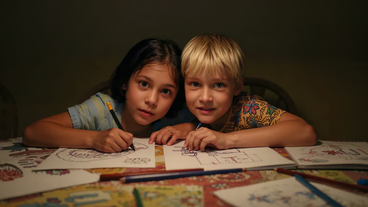 Zwei Kinder mit Shirts, die zu Hause am Tisch mit Stiften Skizzen austauschen, während die Kamera mit der Aufnahme beginnt