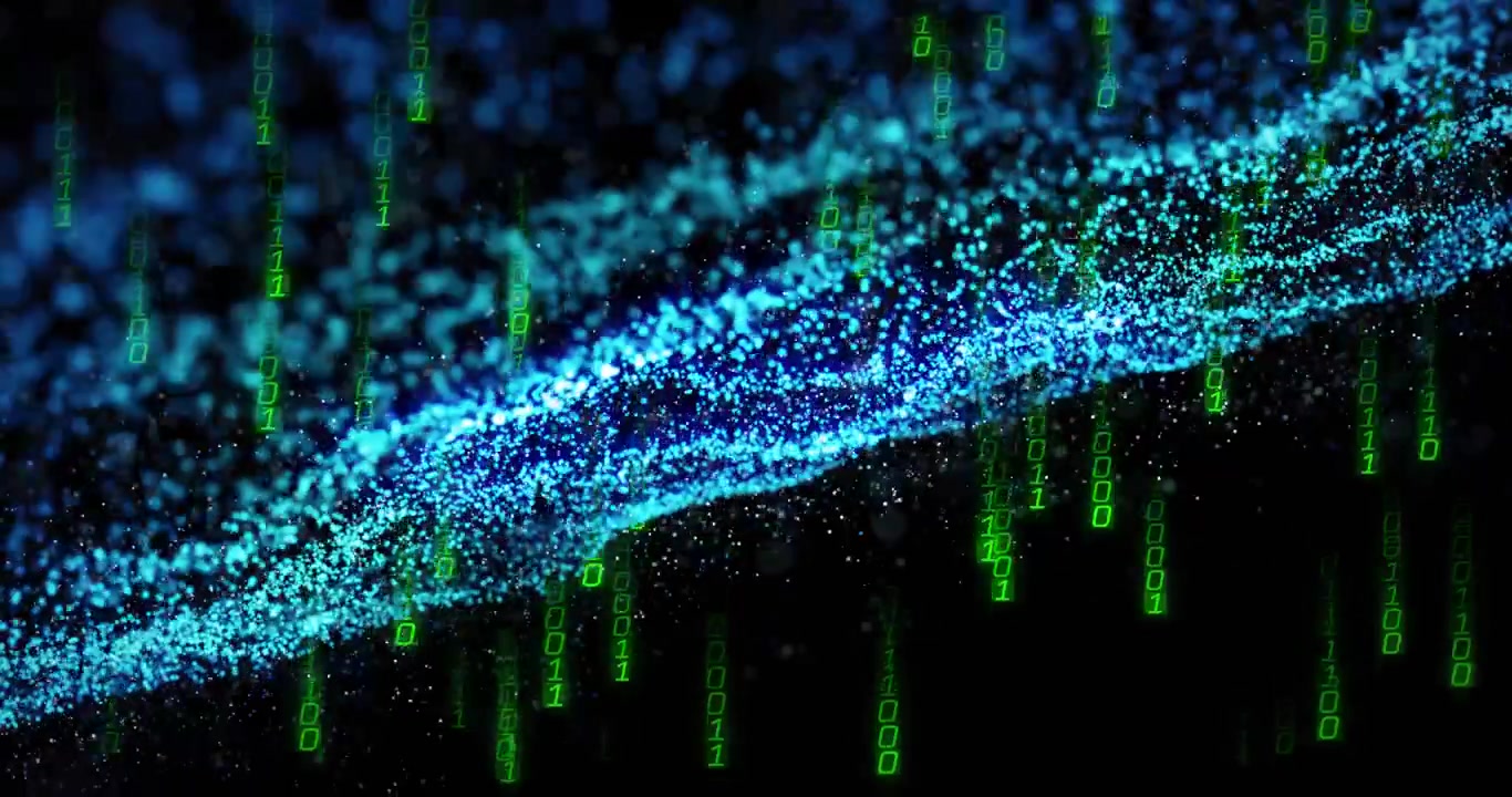 On start neon blue particle wave undulating while green binary digits falling visualizing data flow