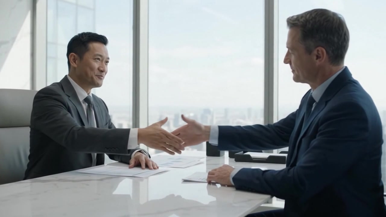 Two Businessmen Shaking Hands in a Modern High-Rise Office