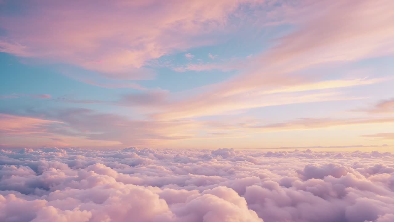 Drifting blanket of cumulus clouds gliding through pastel-toned sunrise sky in aerial perspective