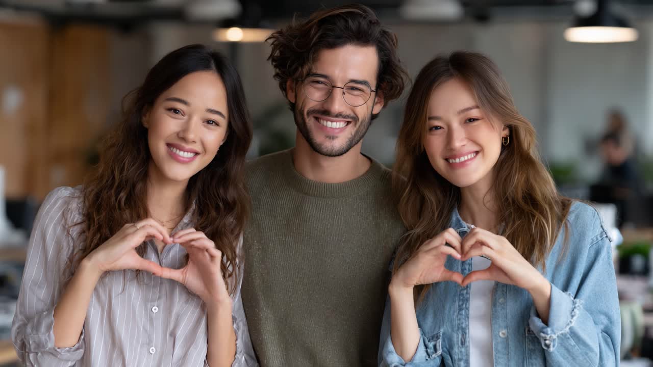 Three Friends Smiling and Making Heart Shapes with Their Hands, Capturing a Joyful Moment of Friendship and Connection in a Modern Workspace Setting