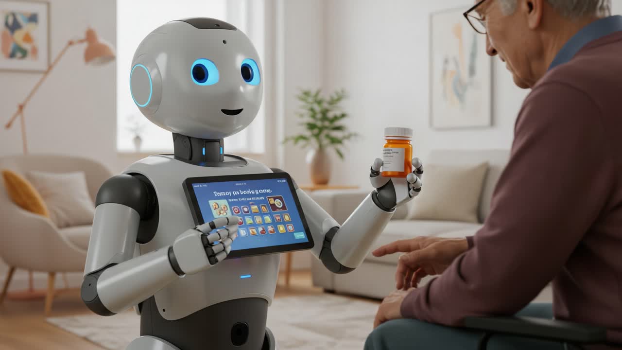 A Friendly Robot Assisting an Elderly Person with Medication Management in a Modern Home Setting, Showcasing Advanced Technology and Compassionate Care