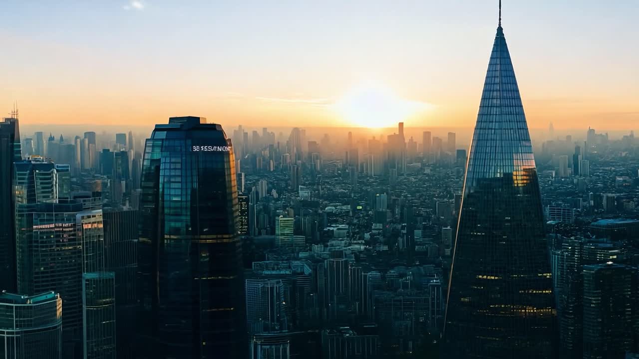 la luz del sol de la hora dorada baña los rascacielos de una metrópolis moderna mientras el sol se levanta por encima del horizonte.
