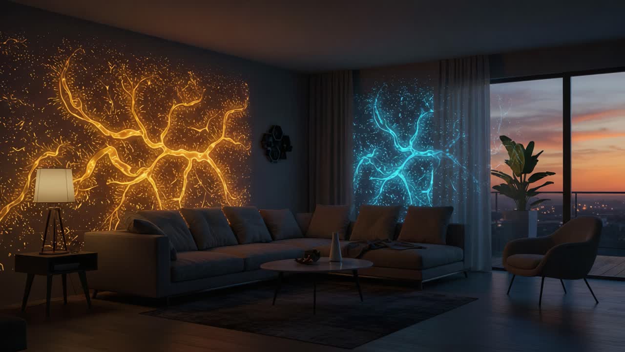 A Captivating Living Room Scene Showcasing Vibrant Electrifying Patterns in Yellow and Blue Light Against a Modern Urban Backdrop at Dusk