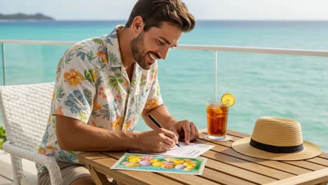 Enjoying a Relaxing Day by the Ocean, a Smiling Man Engages in Creative Writing While Sipping a Refreshing Drink on a Sunny Patio