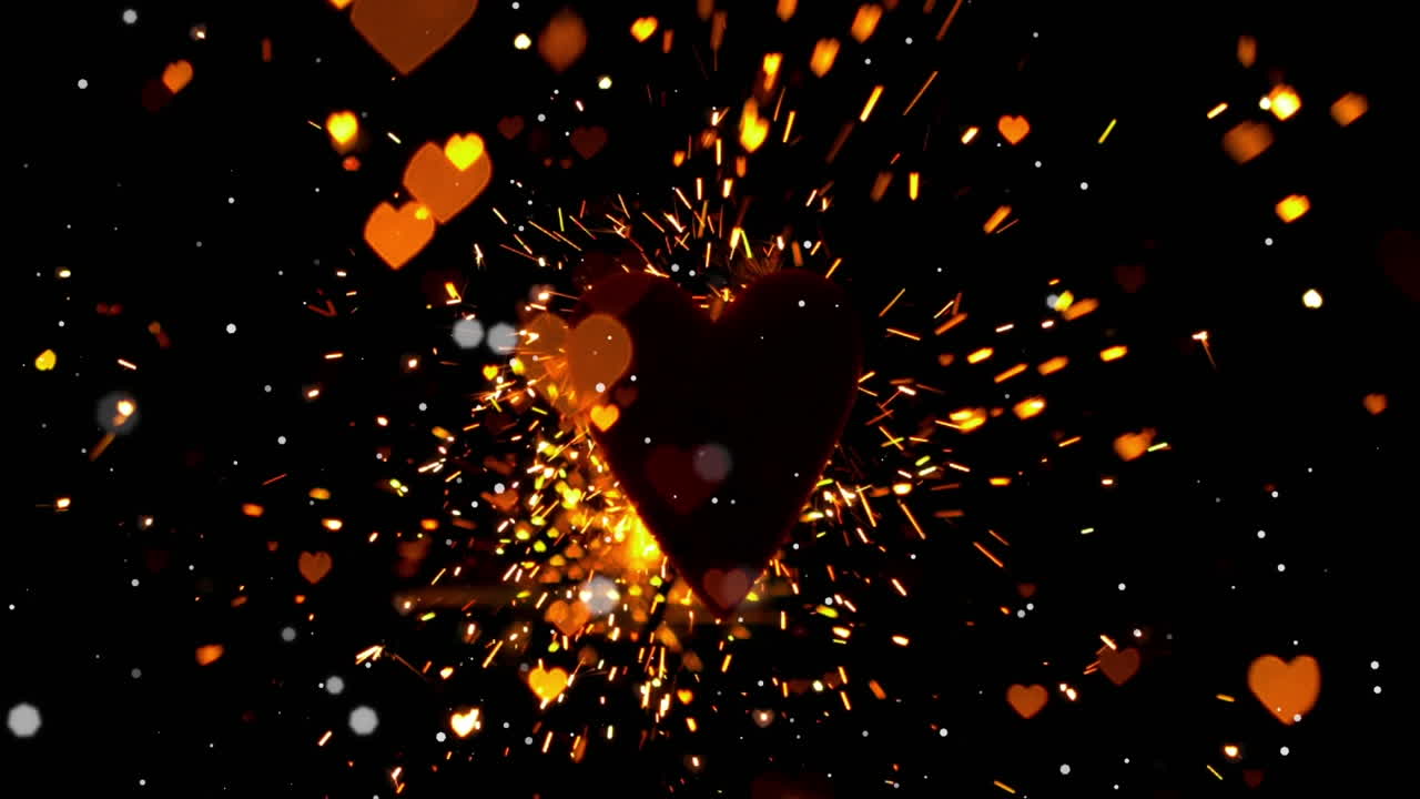 검은 바탕에 떨어지는 콘페티와 오렌지색 심장의 애니메이션
