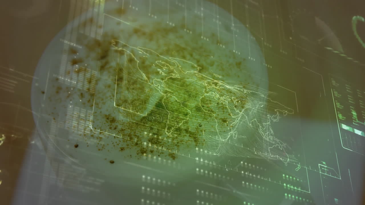 Circular plate holding brown crumbs displaying green 3D holographic map overlay with data panels