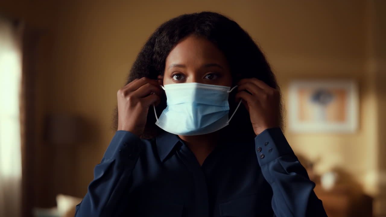Young Black Woman Puts On a Protective Face Mask Indoors