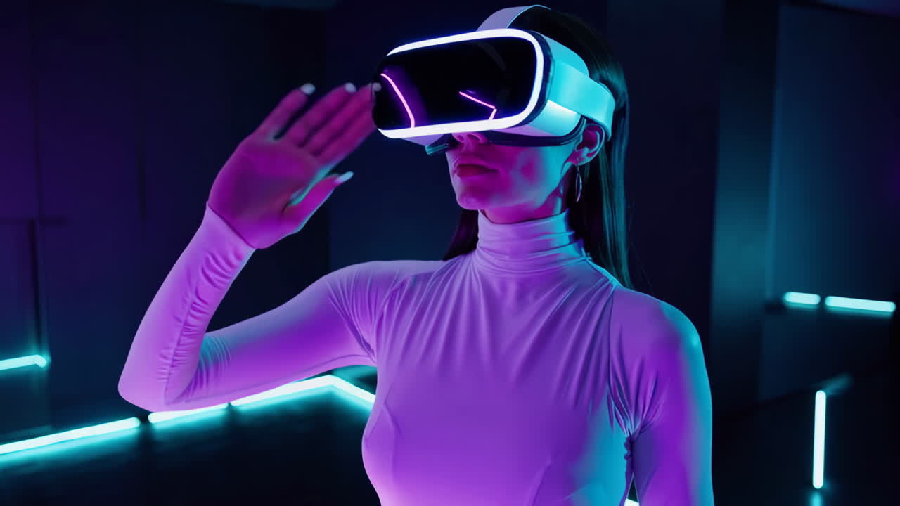 Woman in VR Headset Interacting with Virtual Reality