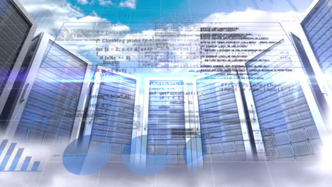 statistical data processing over multiple computer servers against clouds in the blue sky