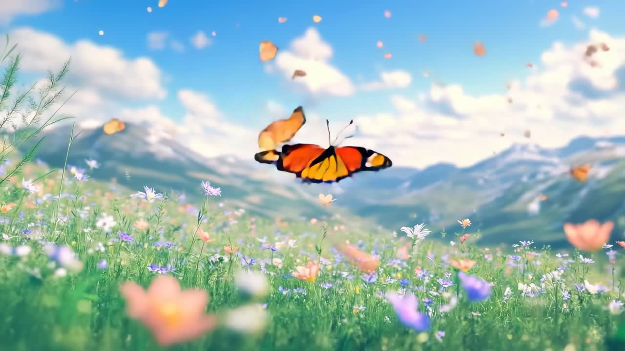Un fotogramma video vivace di una farfalla in volo sopra un prato colorato, ripreso da una bassa angolazione.