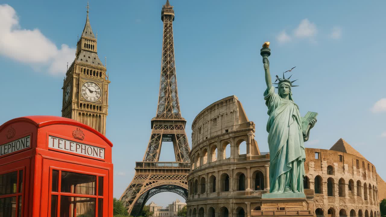 Un collage video di monumenti iconici come il Big Ben, la Torre Eiffel e la Statua della Libertà.