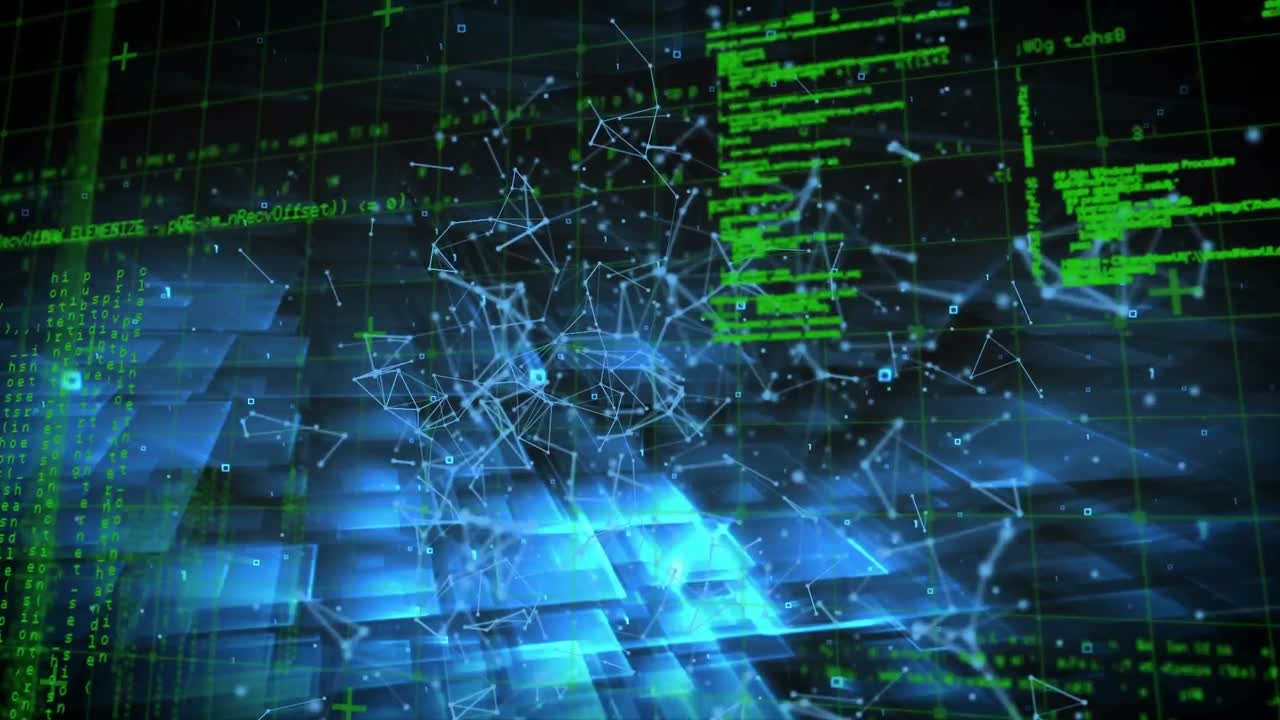 Animation of network of connections and data processing over light trails on black background