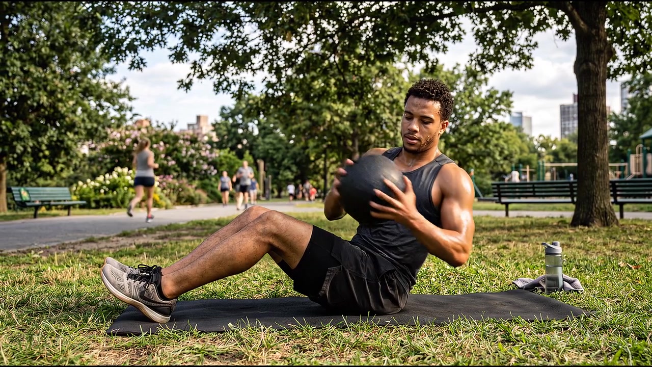 Athletic man performing medicine ball exercise outdoors during fitness training session in park