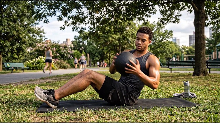 Athletic man performing medicine ball exercise outdoors during fitness training session in park