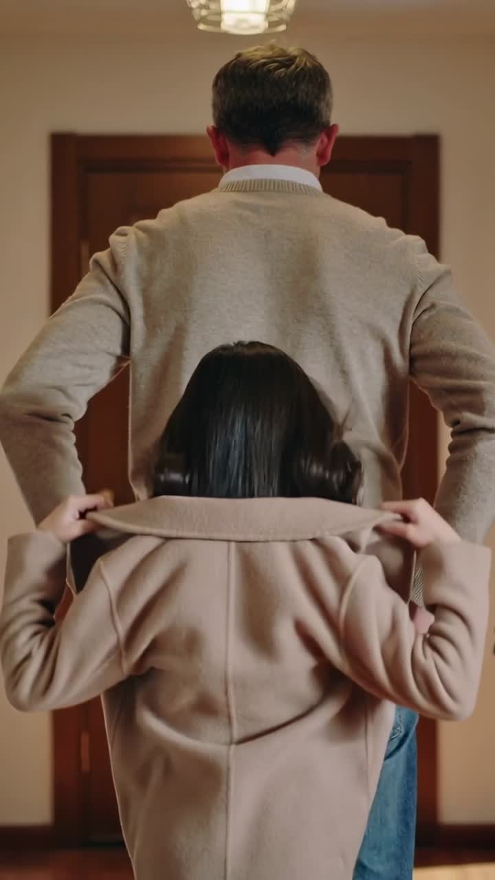 Vidéo verticale : Vue de derrière, fille tirant sur un manteau beige derrière un homme à l’entrée, partant