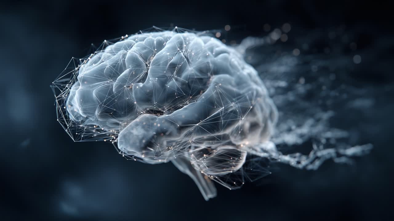 An abstract representation of a brain in motion, showcasing the intricate network of neurons and the dynamic flow of thoughts and ideas through a digital lens