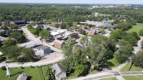 historic greenfield village center in drone view, dearborn, michigan, usa